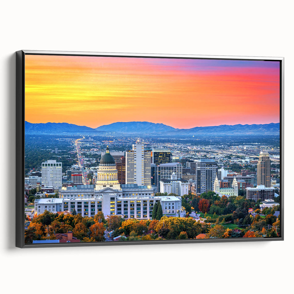 Black and white framed canvas of Salt Lake City landscape, ideal for bedroom wall art.