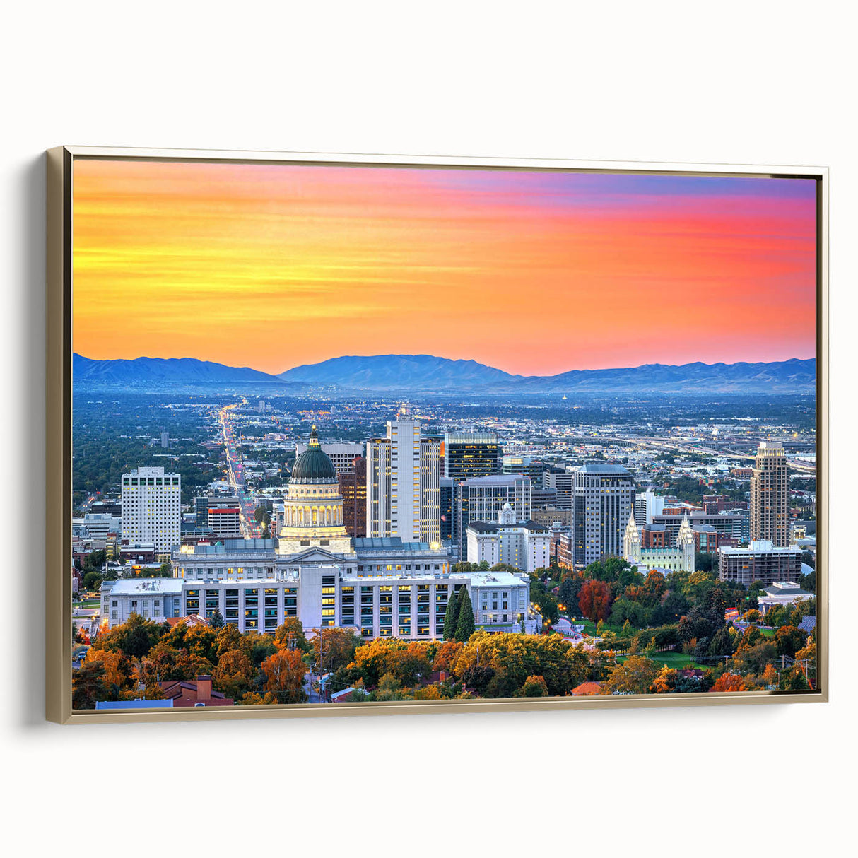 Framed canvas of Salt Lake City landscape in muted earth tones, ideal for bedroom wall art.