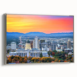 Framed canvas landscape art painting of Salt Lake City with vintage poster-style in black and colorful tones.