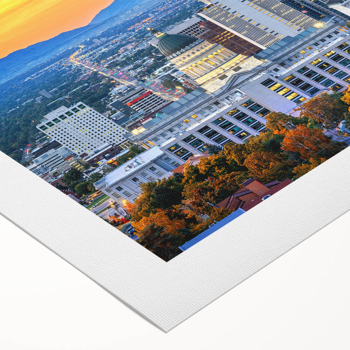 Art deco poster of Salt Lake City with muted blue and beige tones on rolled canvas, suitable for dining room decor.