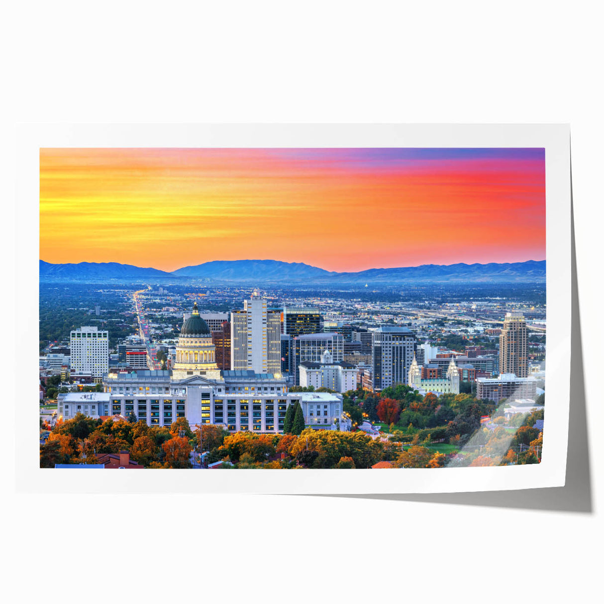 Extra large rolled print of Salt Lake City skyline in muted earth tones, ideal for art wall dining room.
