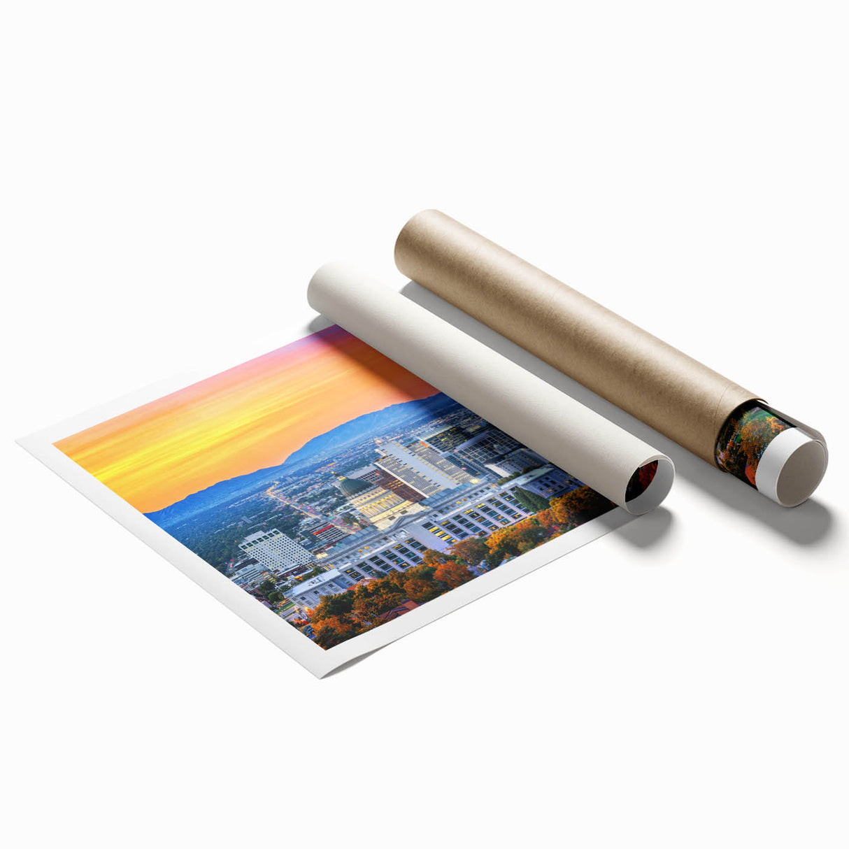 Extra large rolled print of Salt Lake City with soft floral motifs in pastel shades, ideal for classy bathroom wall art.