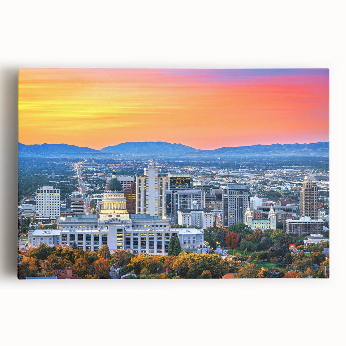 Black and white photograph of Salt Lake City skyline on stretched canvas, ideal for kitchen wall art.