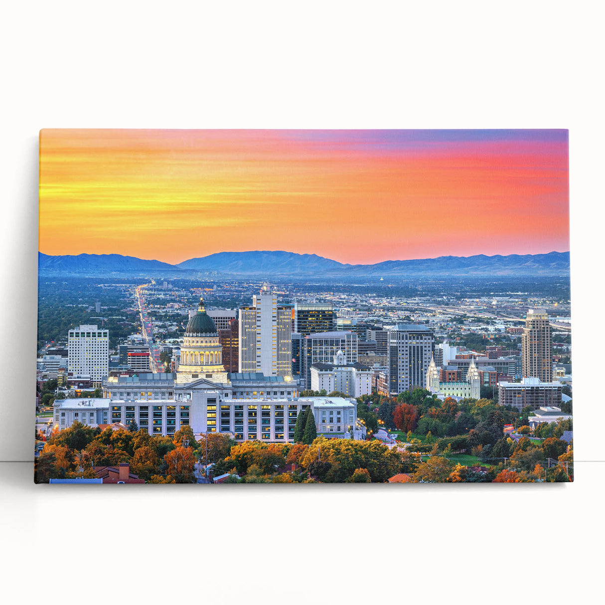 Black and white stretched canvas of Salt Lake City skyline, ideal for kitchen wall art.