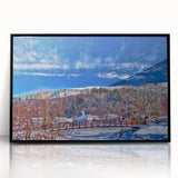Large abstract wall art depicting Vermont scenery in muted earth tones on a framed acrylic.