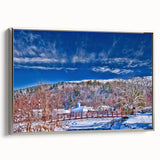 Vintage poster art of Vermont scenery on framed canvas, featuring colorful art in extra large size, ideal for living room.