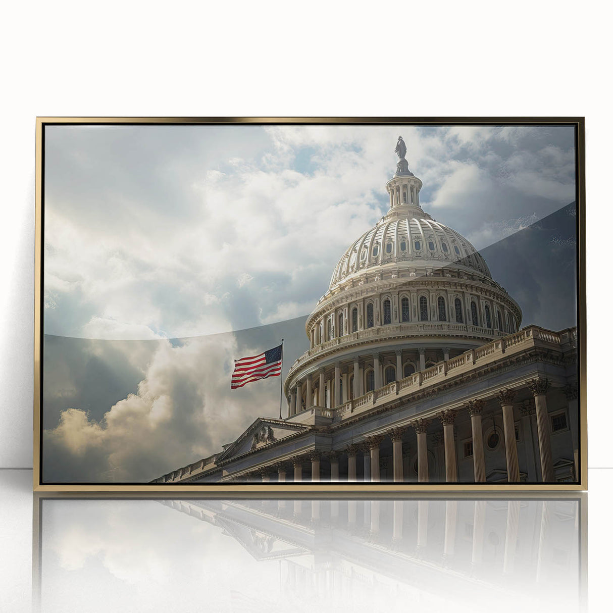 Mid-century modernist style large art print depicting the Washington DC Capitol in muted tones on a framed acrylic.