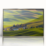 Mid-century modernist art depicting the rolling hills of the Palouse in muted earth tones on a framed acrylic print.