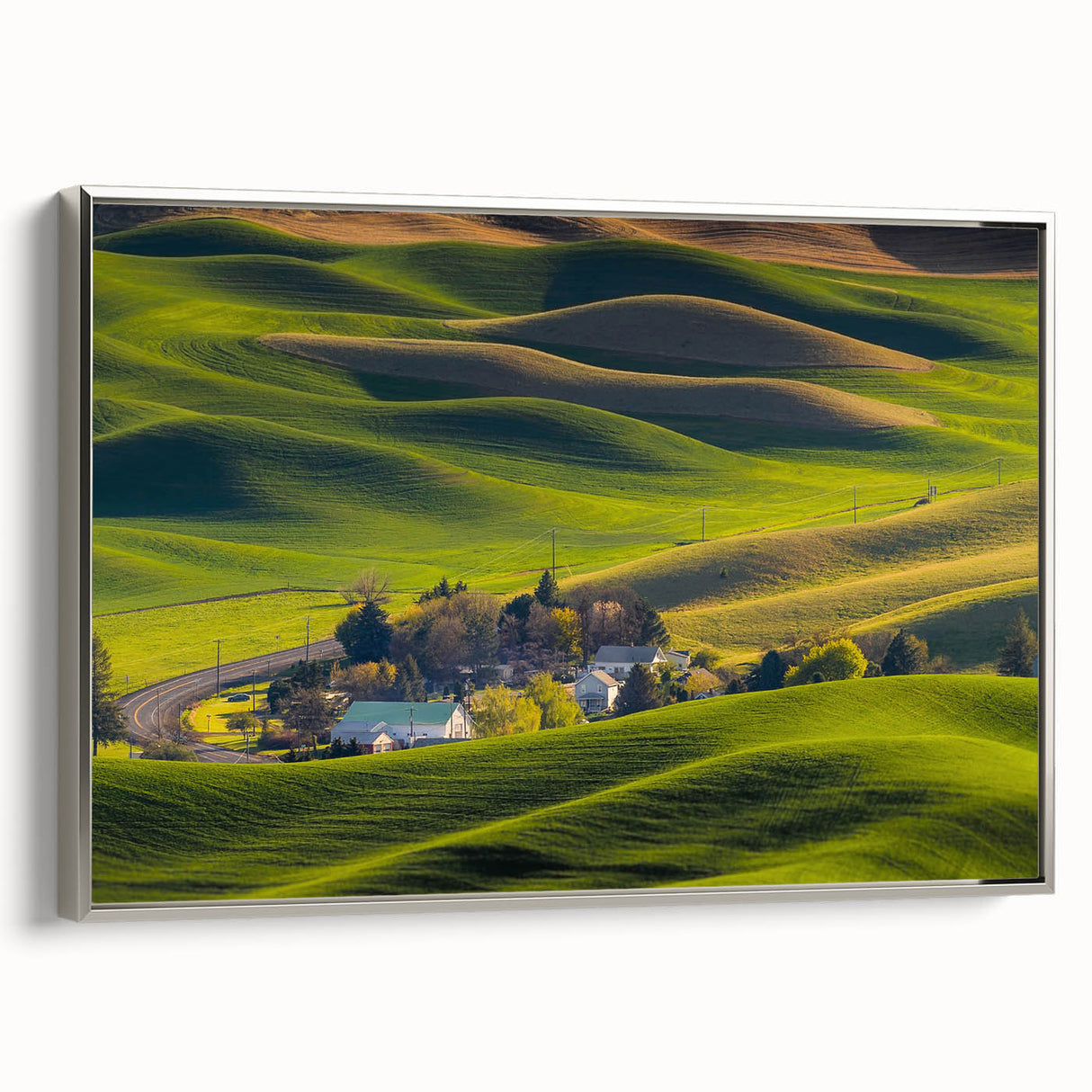 Landscape art painting of Palouse, Washington on framed canvas, featuring rolling hills in vibrant green tones.