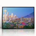 Large abstract wall art of Seattle skyline in muted gray and blue tones on framed acrylic.
