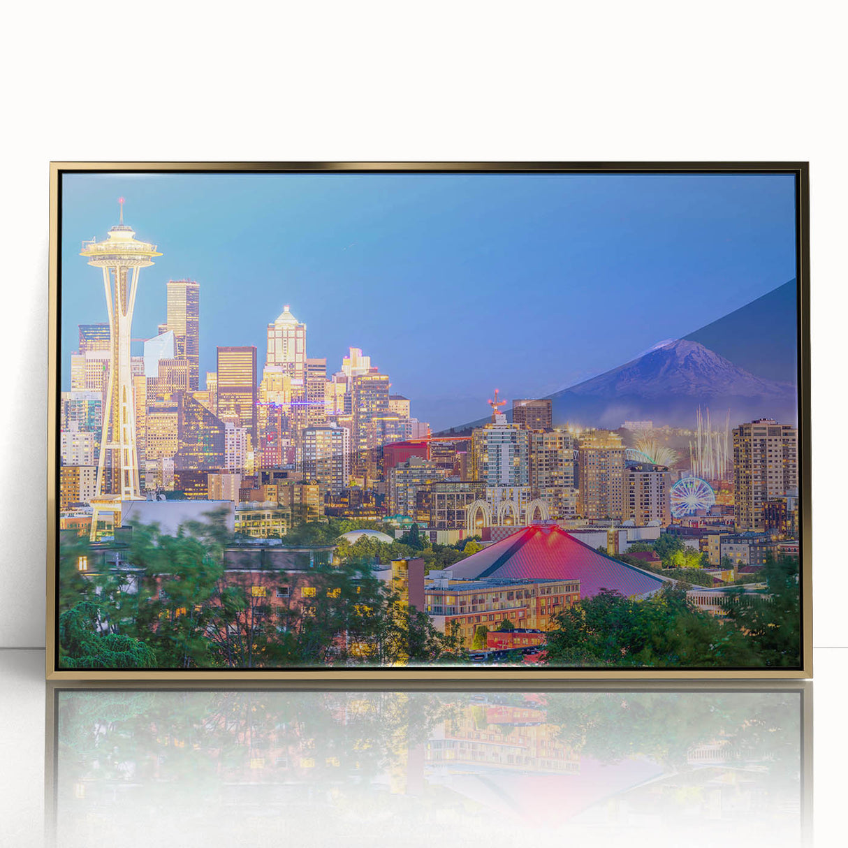 Large art print of Seattle skyline in muted gold tones on framed acrylic, styled in mid-century modernist art.