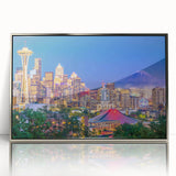 Framed acrylic print of Seattle skyline in mid-century modernist style, featuring cool gray and blue tones.