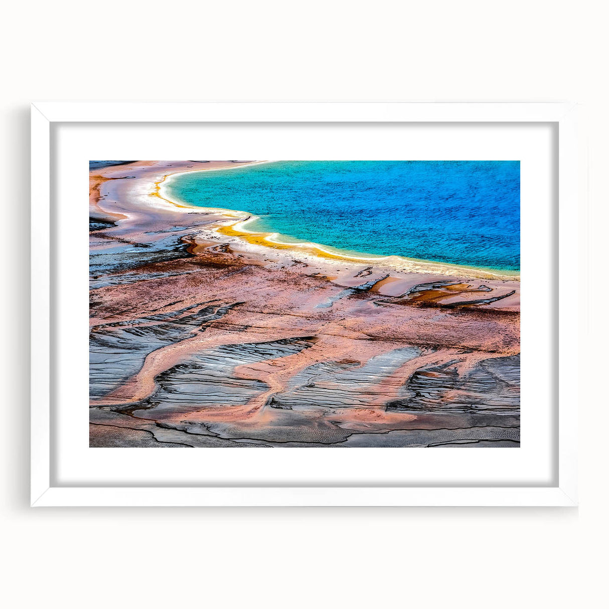 Abstract art print of Yellowstone scenery in muted earth tones on a framed white mat, ideal for dining room decor.