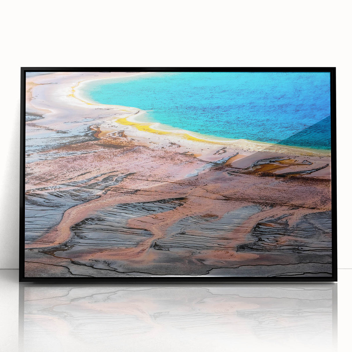 Large abstract wall art depicting Yellowstone scenery in muted earth tones on a framed acrylic.