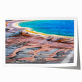 Yellowstone landscape on rolled print featuring lush greenery and waterfalls in pastel green and blue shades.