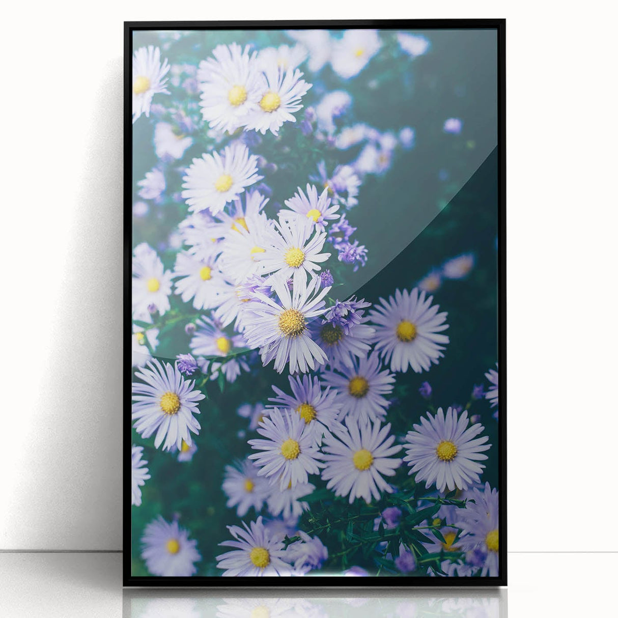 Large abstract wall art featuring mid-century modernist spring motifs in pastel colors on a black framed acrylic.