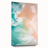 Large abstract wall art on acrylic glass featuring swirls of blue and green, ideal for bedroom or dining room decor.