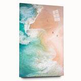 Large abstract wall art on acrylic glass featuring swirls of blue and white, ideal for modern bedroom or dining room decor.