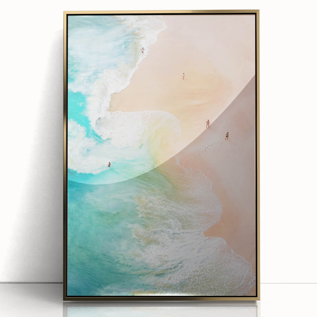 Large art print of a mid-century modernist summer scene on acrylic, featuring soft gold and blue tones.