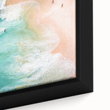 Close-up of extra large black wall art featuring colorful, textured abstract design on framed canvas.