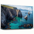 Acrylic glass artwork depicting a vibrant landscape with dramatic cliffs, showcased from a side view and secured with stylish pins, ideal for modern home decor.