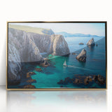 Framed acrylic artwork depicting vibrant cliffs and landscapes, featuring a gold border that enhances its visual appeal, perfect for modern home decor.