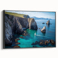 Framed canvas artwork depicting dramatic landscapes with cliffs, showcasing rich colors and textures, ideal for modern home decor. Black frame adds elegance.