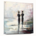 Abstract figurative acrylic artwork displayed on glass, showcasing vibrant colors and intricate details, set against a neutral background with decorative pins.