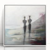 Framed abstract figurative artwork in white acrylic, showcasing vibrant colors and dynamic shapes, perfect for contemporary home decor. Ideal for modern living spaces.