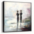 Framed abstract figurative canvas art in a sleek black frame, showcasing vibrant colors and dynamic shapes, ideal for modern home decor and artistic expression.