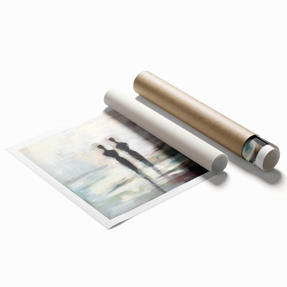 Abstract figurative rolled print showcasing vibrant colors and dynamic shapes, beautifully capturing modern artistic expression; ideal for contemporary decor.