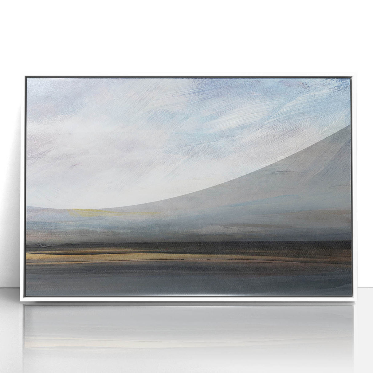 Framed acrylic wall art showcasing an abstract landscape in soft hues of blue and white, perfect for modern home decor, enhancing any living space's aesthetic.