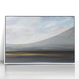 Framed acrylic wall art showcasing an abstract landscape in soft hues of blue and white, perfect for modern home decor, enhancing any living space's aesthetic.