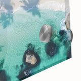 Close-up view of a vibrant acrylic landscape artwork depicting serene beaches, showcasing rich colors and intricate details, perfect for coastal-themed decor.