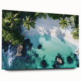 Acrylic glass artwork depicting a serene beach landscape in vibrant colors, showcased from a side view without pins, ideal for modern home decor.