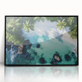 Framed acrylic artwork depicting a serene beach landscape with vibrant colors, showcasing gentle waves and clear skies, perfect for coastal home decor.