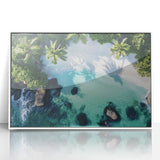 Framed acrylic artwork showcasing a vibrant beach landscape with soft waves and clear blue skies, set in a sleek white frame, perfect for home decor enhancement.