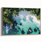Framed landscape canvas depicting a serene beach scene with golden hues and detailed textures, ideal for coastal home decor, enhancing any living space ambiance.