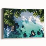 Framed landscape canvas art showcasing a serene beach scene with vibrant colors, silver frame, perfect for coastal home decor and adding tranquility to any space.