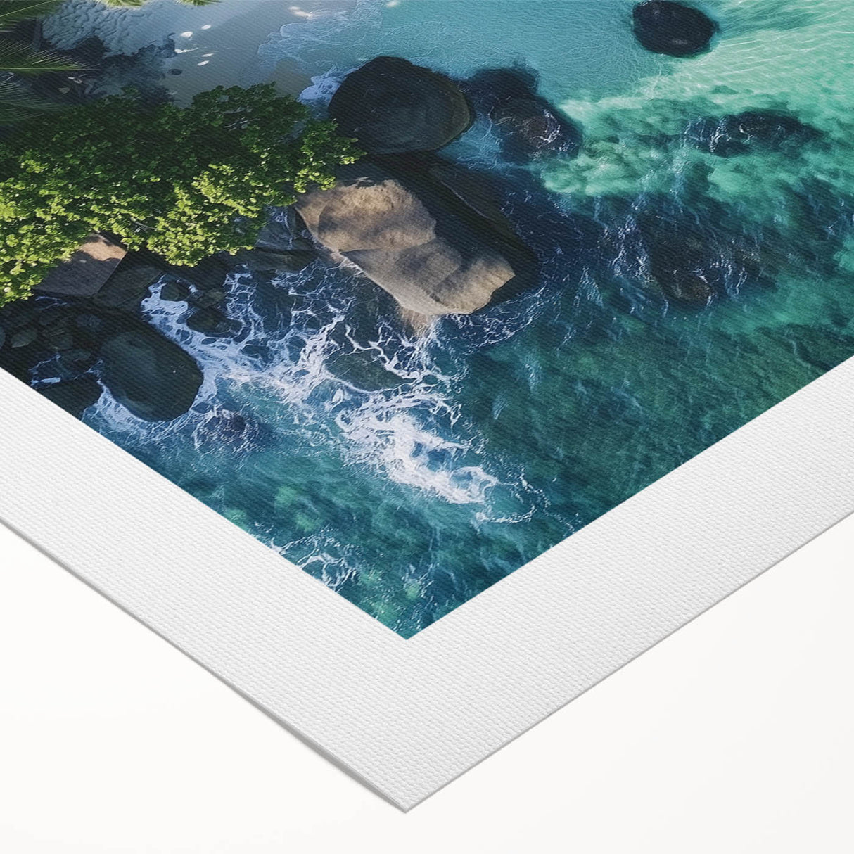 Vibrant landscape canvas print showcasing a serene beach scene with golden sands and turquoise waters, elegantly rolled for easy display and shipping.