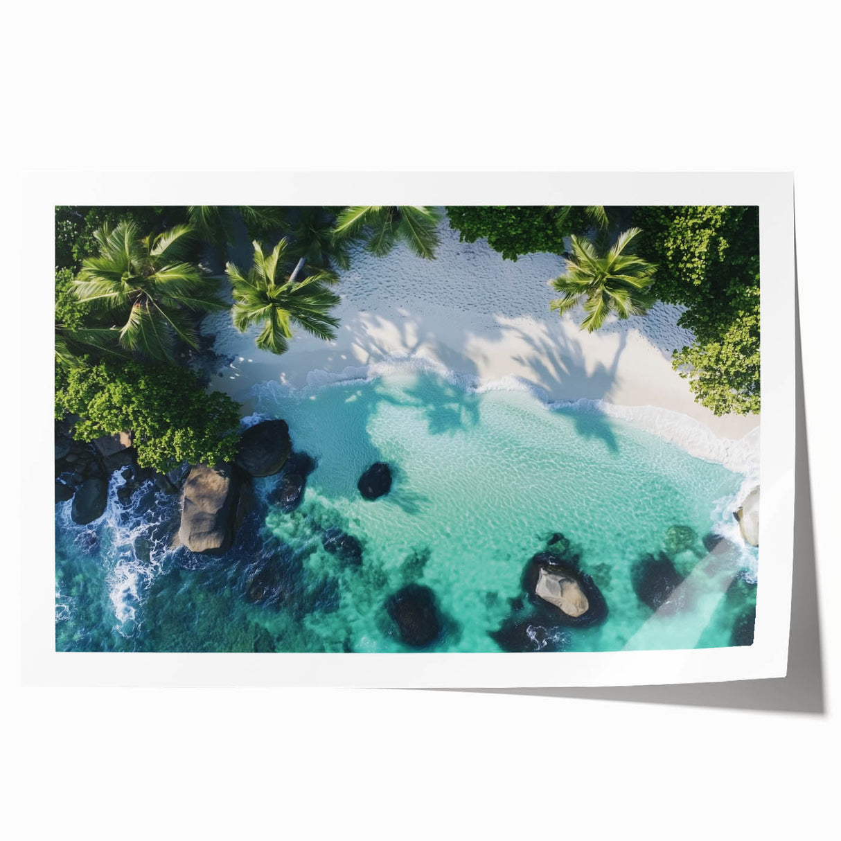 Stunning rolled canvas print showcasing a vibrant beach landscape with azure waters and golden sands, elegantly packaged in a protective cardboard tube for safe shipping.