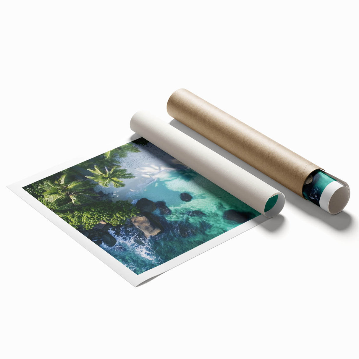 Coastal landscape print showcasing vibrant beach scenery with soft waves and golden sands, rolled and secured in a protective cardboard tube for art enthusiasts.