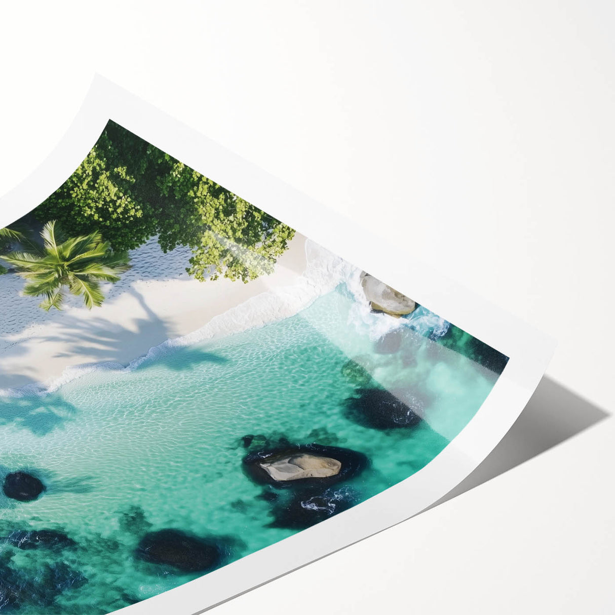 Vibrant rolled landscape print showcasing a serene beach scene with turquoise waters and golden sands, elegantly packaged in a protective cardboard tube for optimal preservation.
