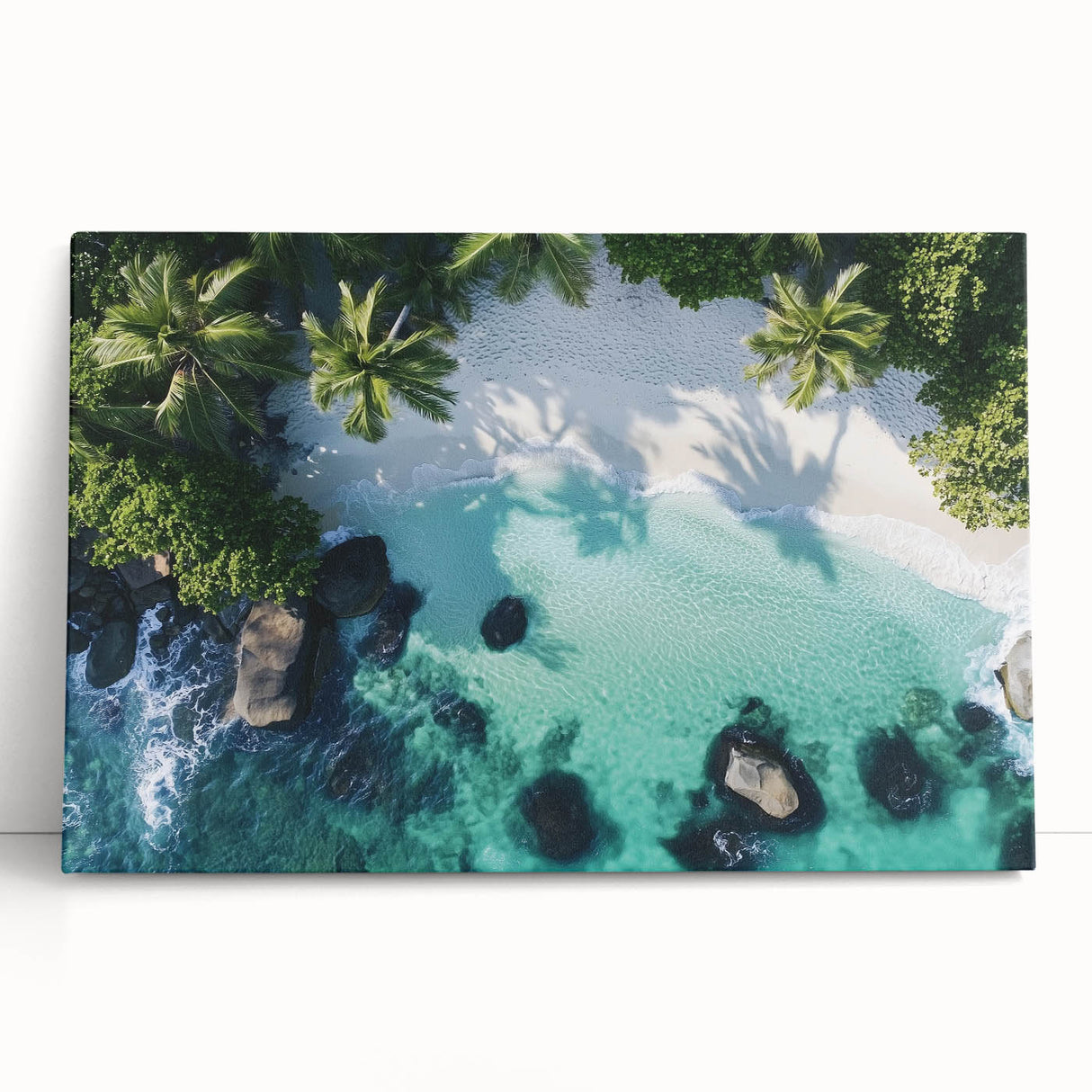 Stretched canvas artwork depicting a serene beach landscape with vibrant colors, perfect for home decor or office spaces. Ideal for beach lovers and relaxation themes.