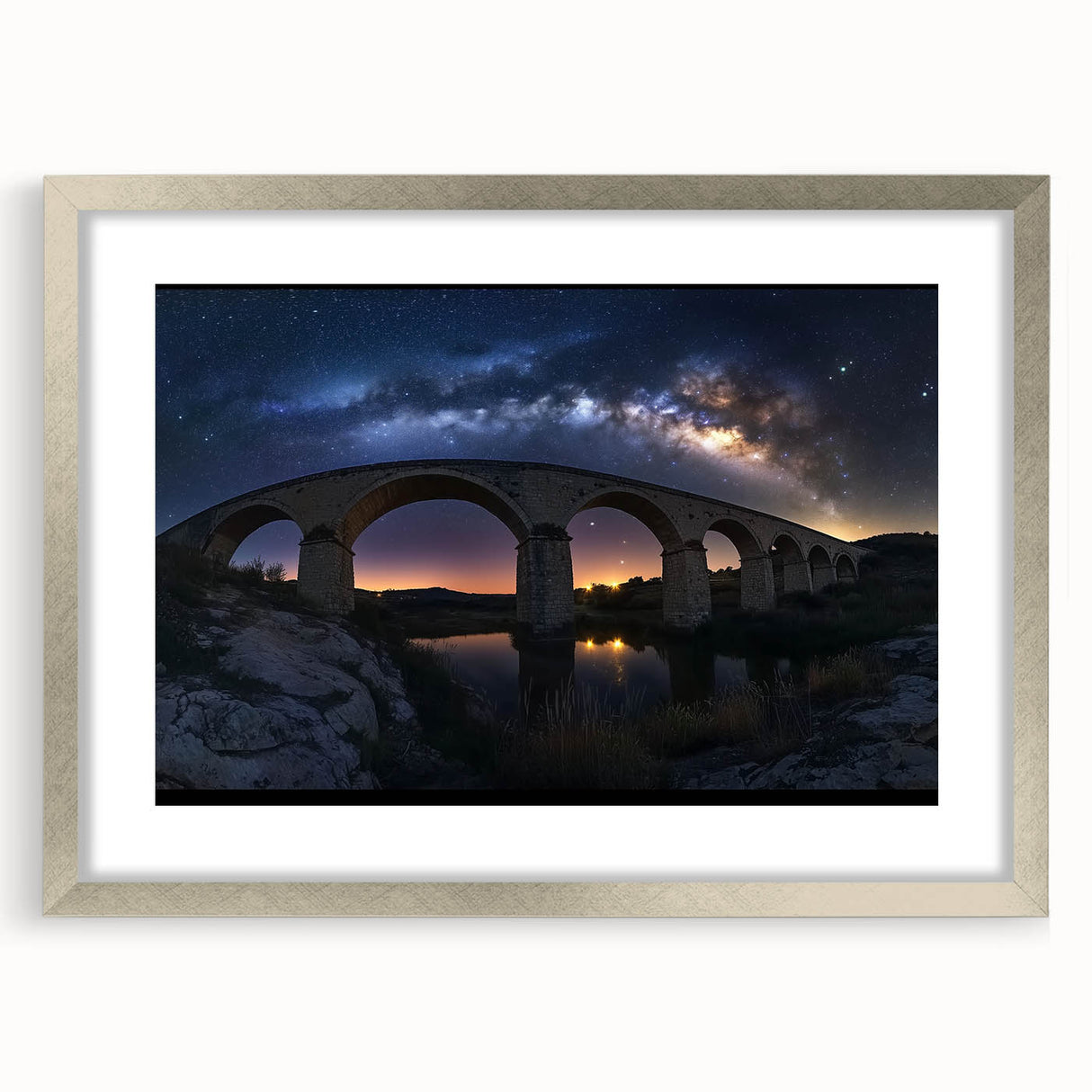 Silver landscape bridge frame with mat, showcasing a modern and elegant design, perfect for displaying artwork or photographs in a stylish setting. The frame's sleek finish enhances visuals, making it ideal for home decor.