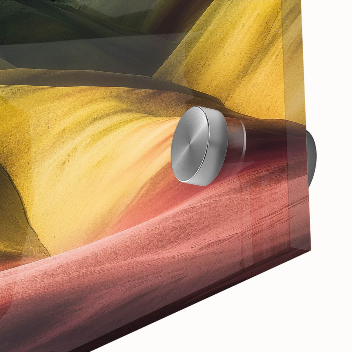 Close-up of an acrylic glass artwork showcasing vibrant landscape canyons, with rich colors and intricate details, perfect for modern home decor. Ideal for nature enthusiasts.