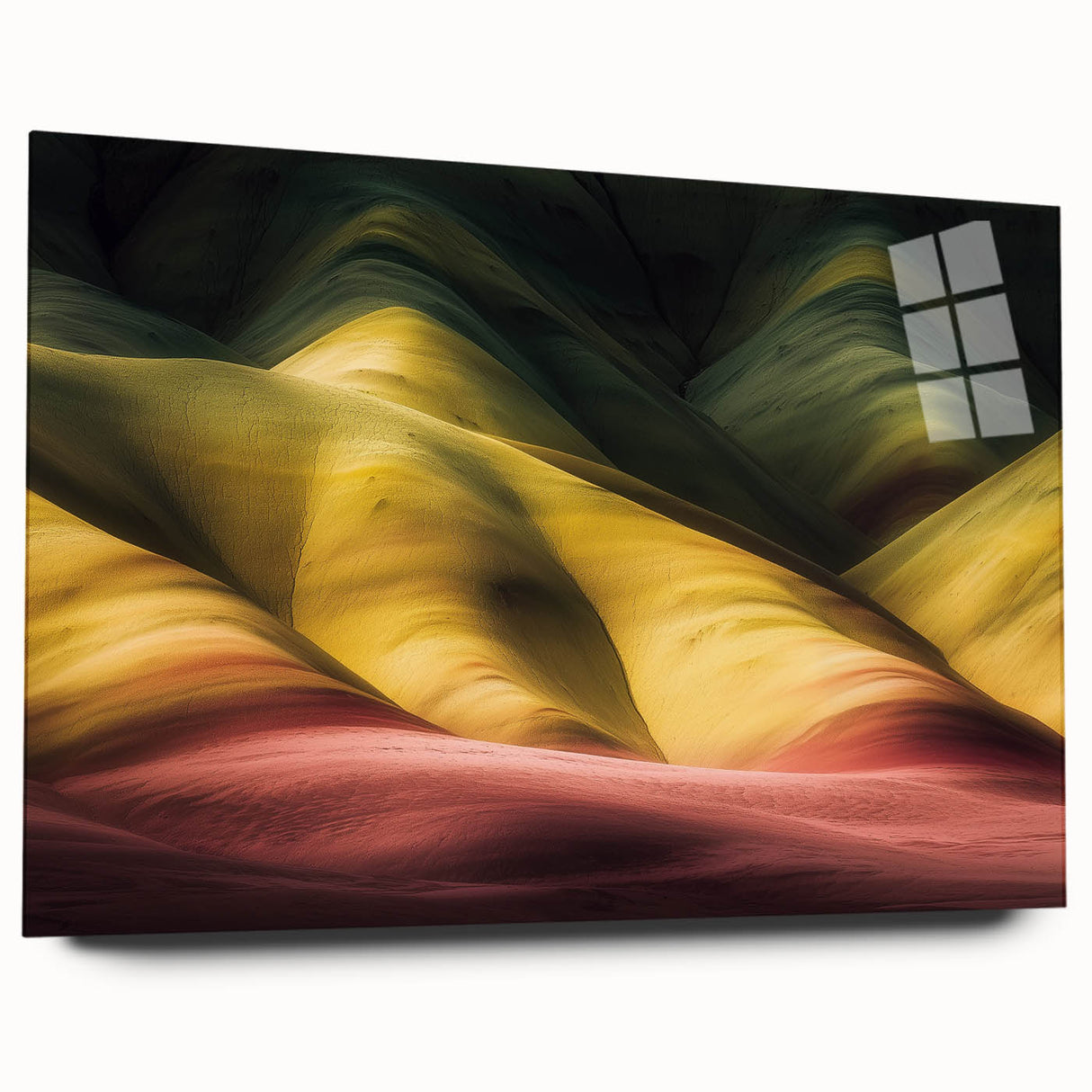 Acrylic glass artwork showcasing a stunning landscape of canyons, featuring rich earthy tones and intricate details, presented in a side view without pins, perfect for modern home decor.