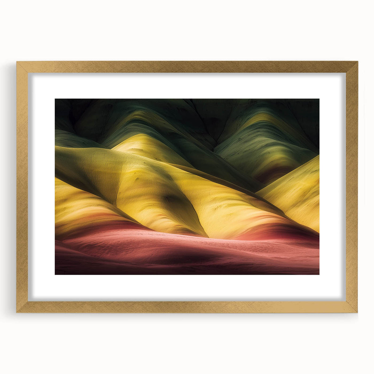 Framed landscape artwork showcasing stunning canyon views, featuring a gold mat and sleek frame, perfect for enhancing home decor and adding elegance to any room.