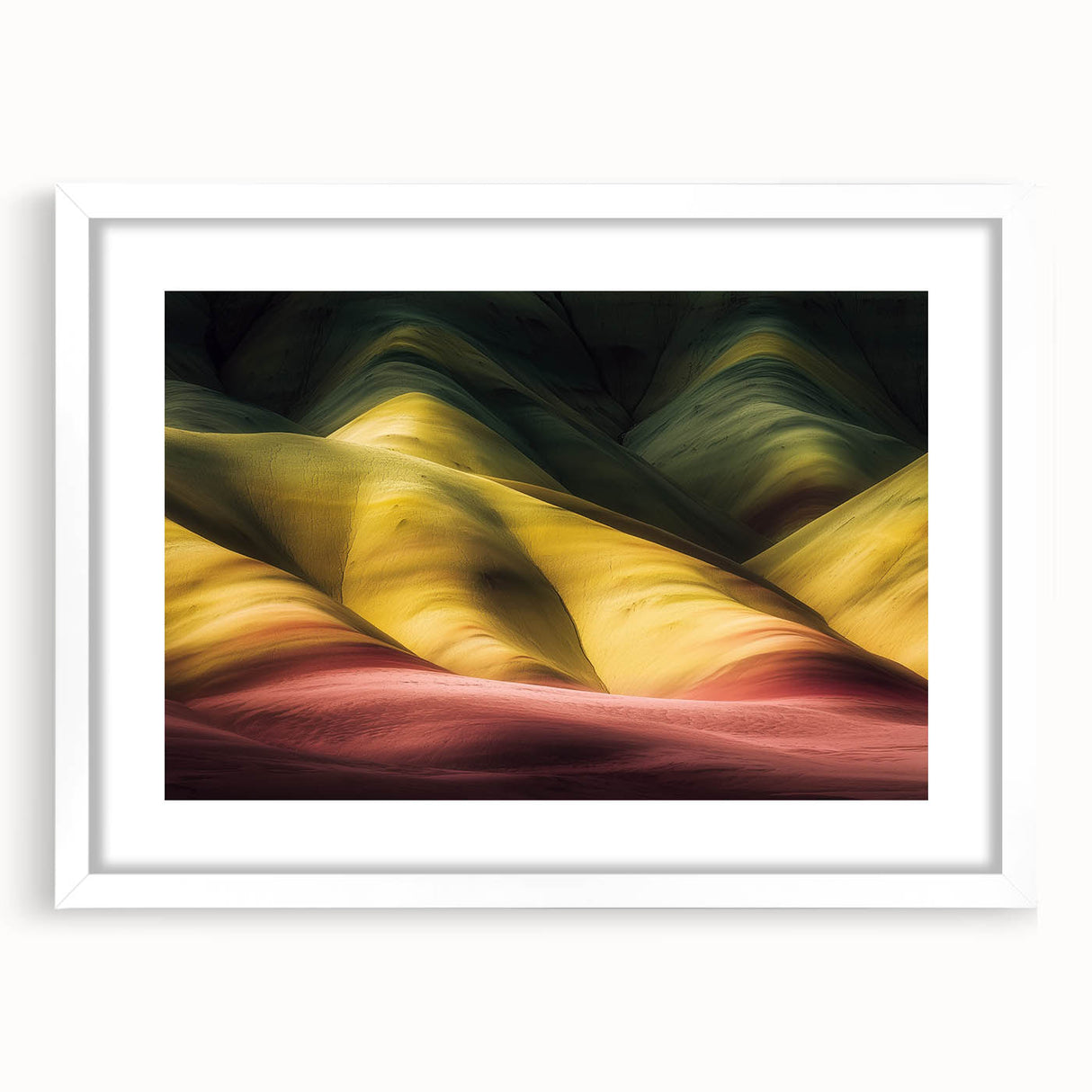 Elegant landscape art print of canyons framed with a white mat, showcasing earthy tones and intricate details, ideal for enhancing home décor and artistic spaces.