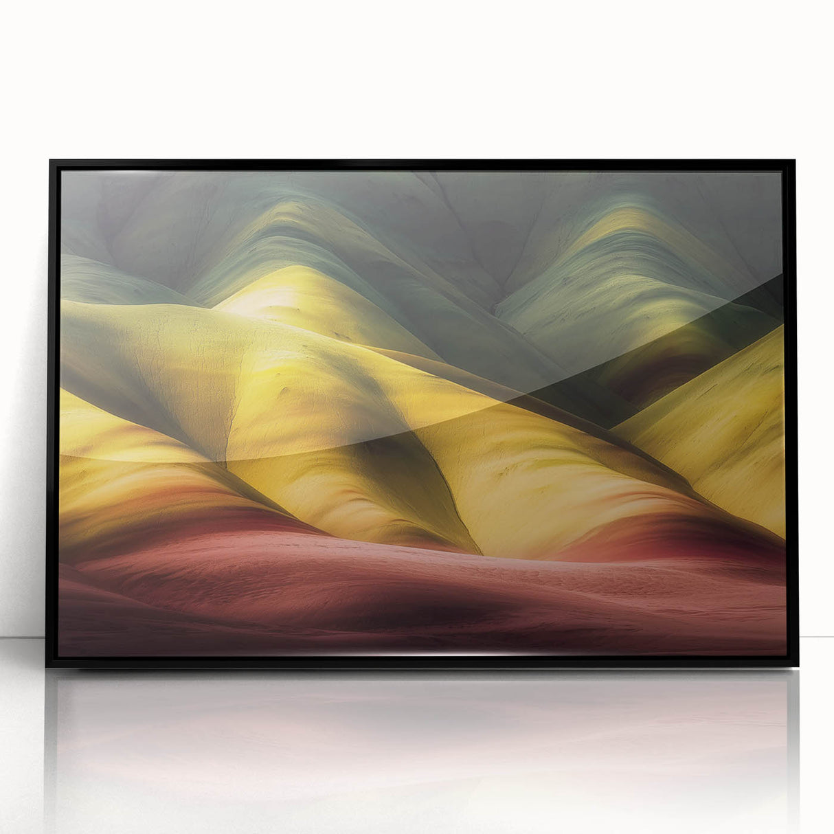 Framed black acrylic landscape art print showcasing vibrant canyons in rich earthy tones, perfect for enhancing modern home decor with a natural touch.